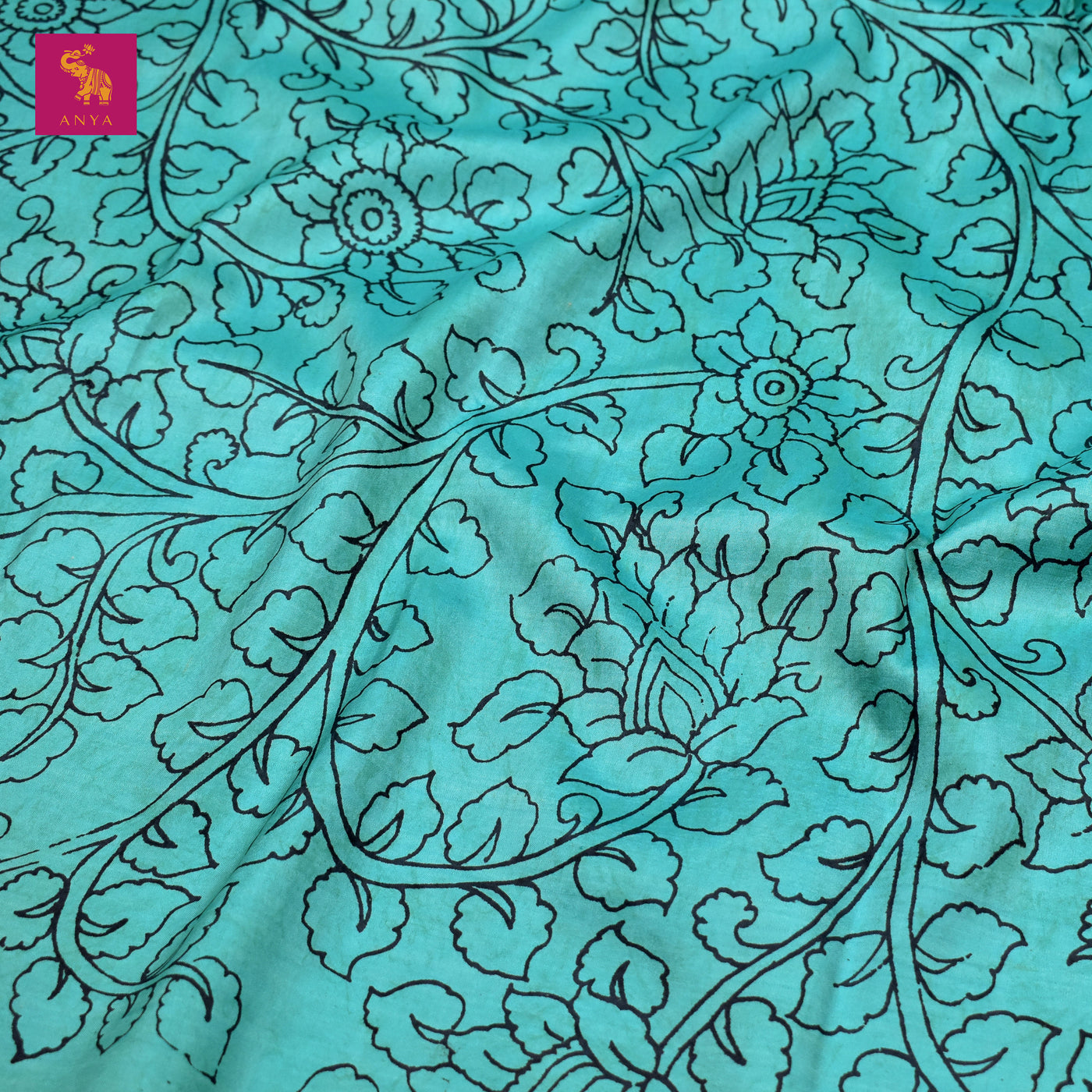 Sky Blue Pen Kalamkari Kanchi Silk Fabric