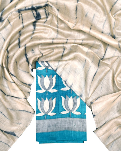 Blue Lotus Print Tussar Silk Salwar with Off White Shibori Print Dupatta