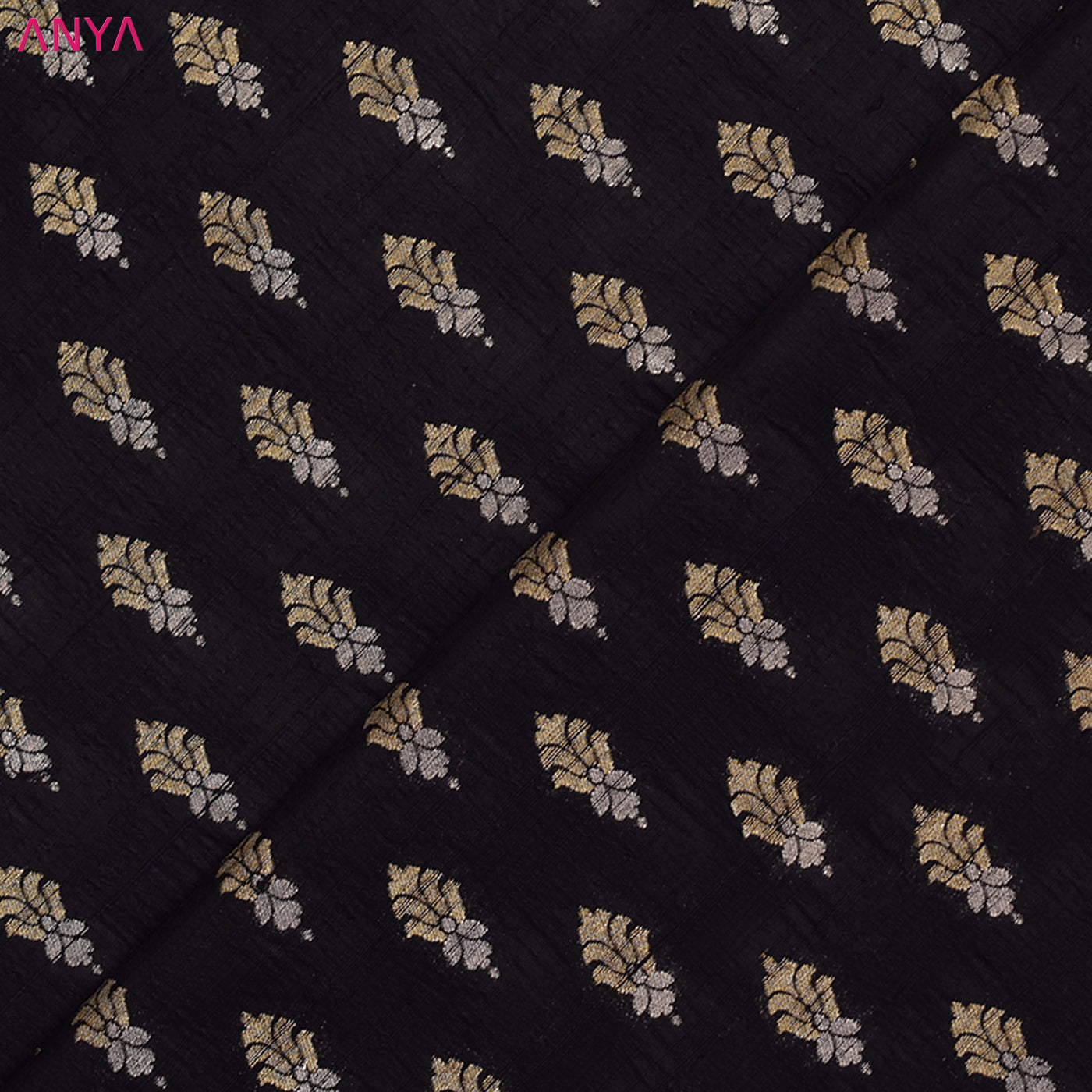 Black Tussar Raw Silk Fabric with Flower Butta Design