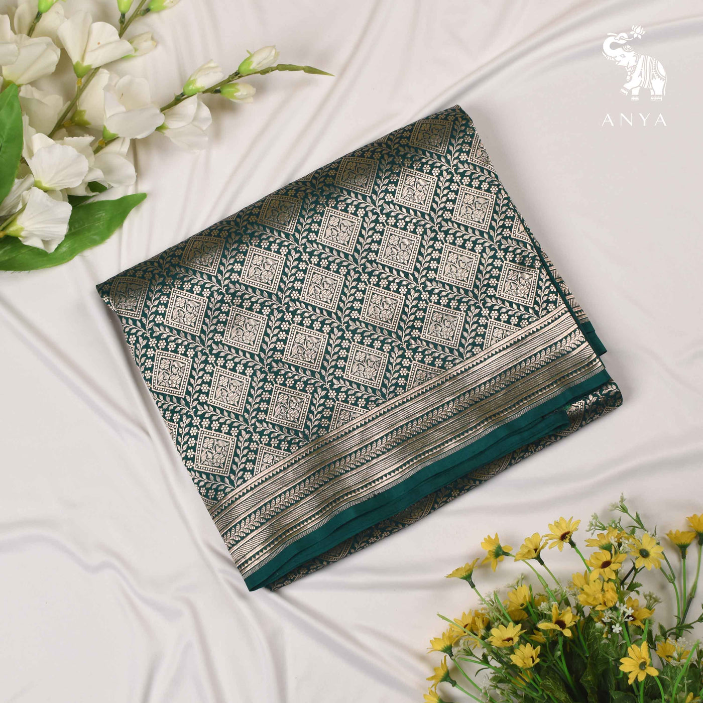 Bottle Green Banarasi Silk Saree with Creeper Design