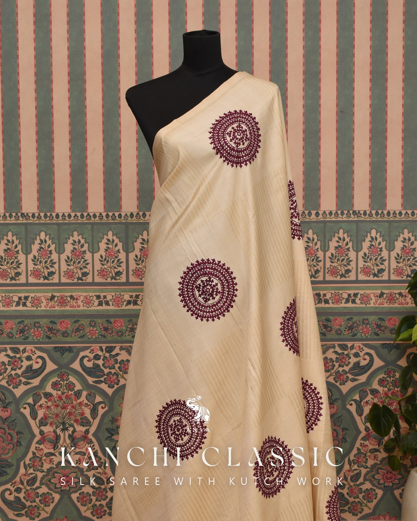 Off White Kanchi Silk Saree with Kutch Work Design
