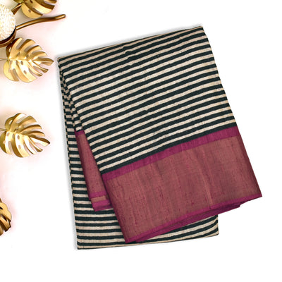 Black Tussar Silk Saree with Stripes Design