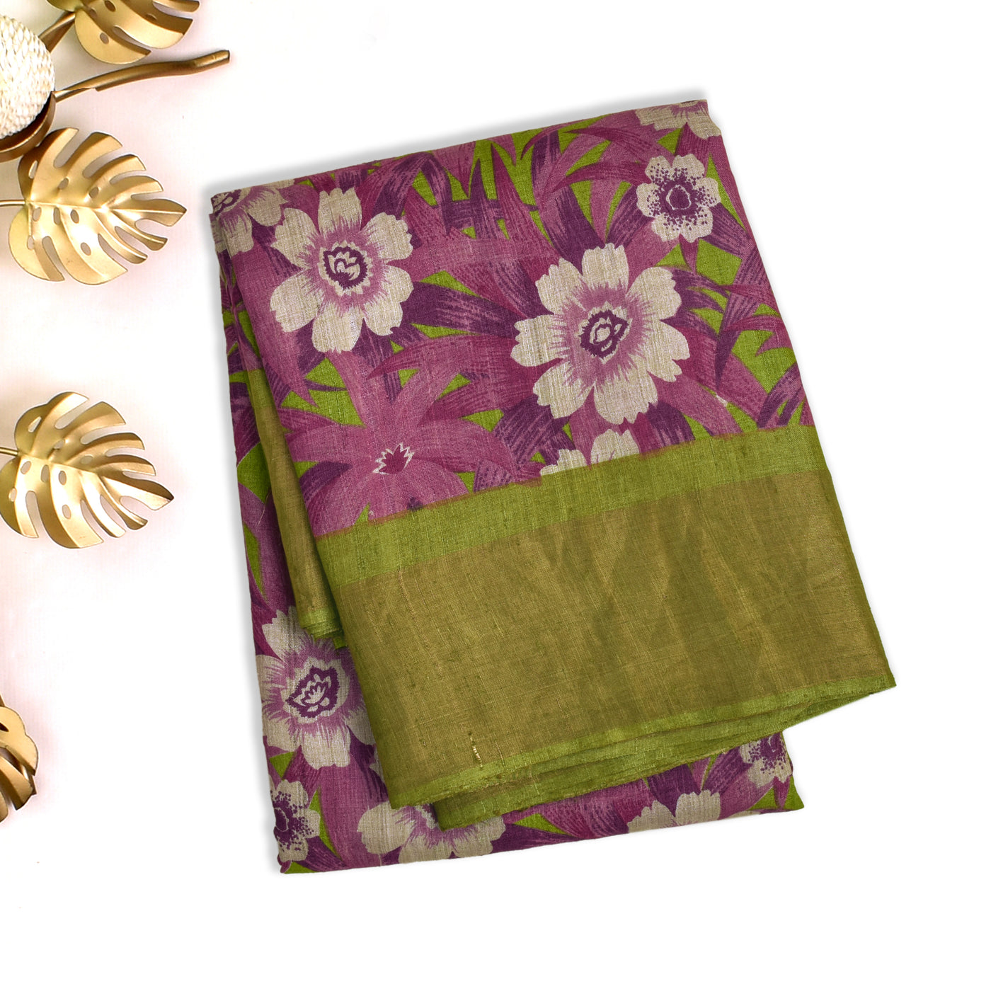 Pink Tussar Silk Saree with Floral Printed Design