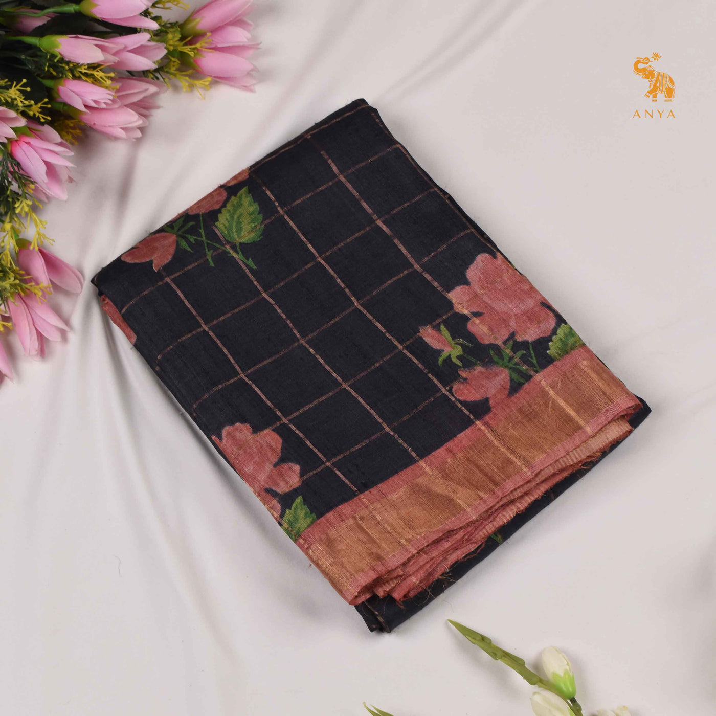 Black Tussar Silk Saree with Floral Print and Zari Kattam Design