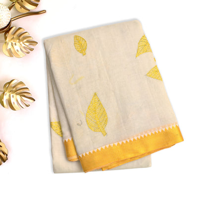 Off White Cotton Saree with Yellow Kantha Work Design