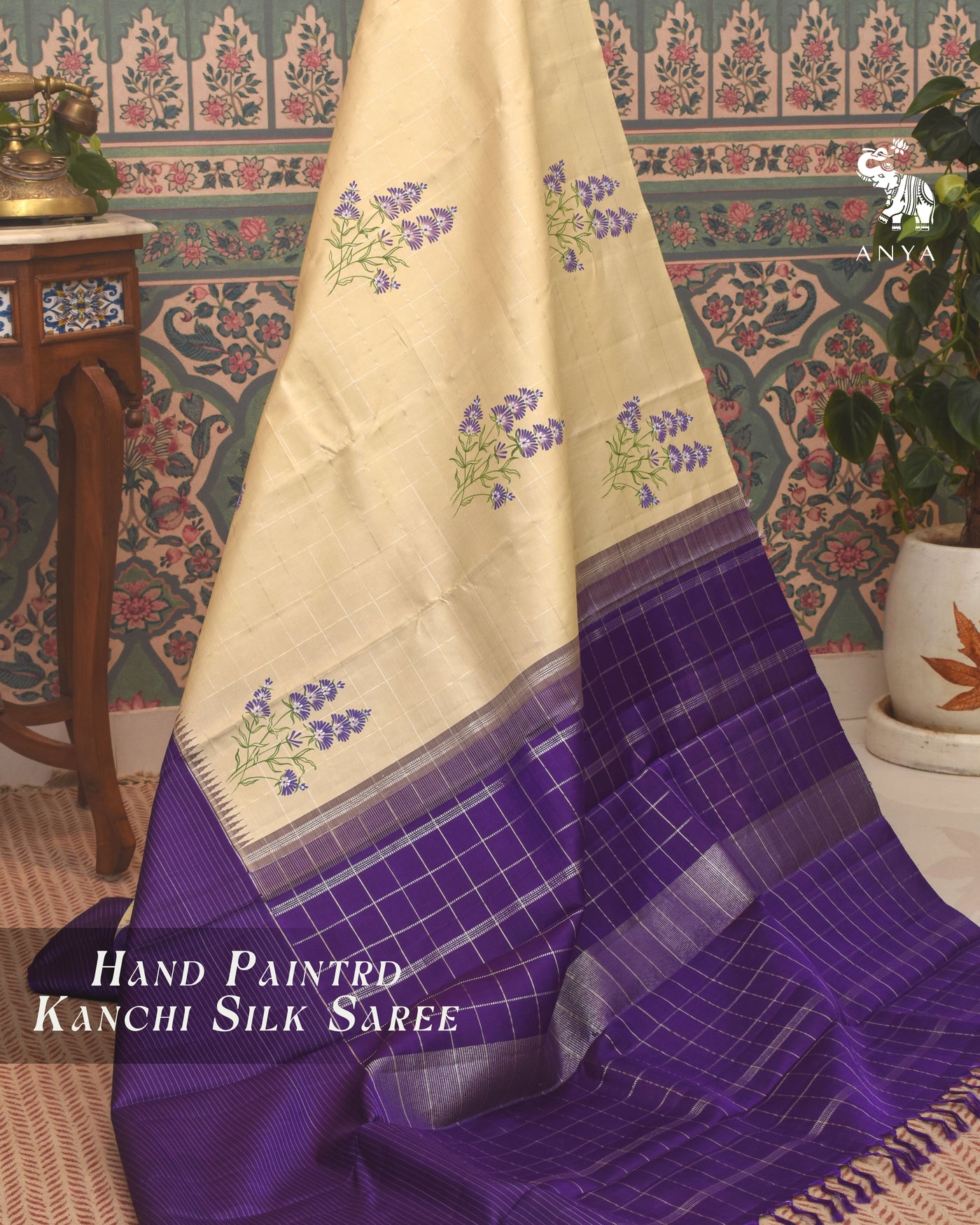 Off White Hand Painted Kanchi Silk Saree with Floral Painted and Zari Kattam Design