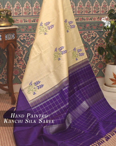 Off White Hand Painted Kanchi Silk Saree with Floral Painted and Zari Kattam Design