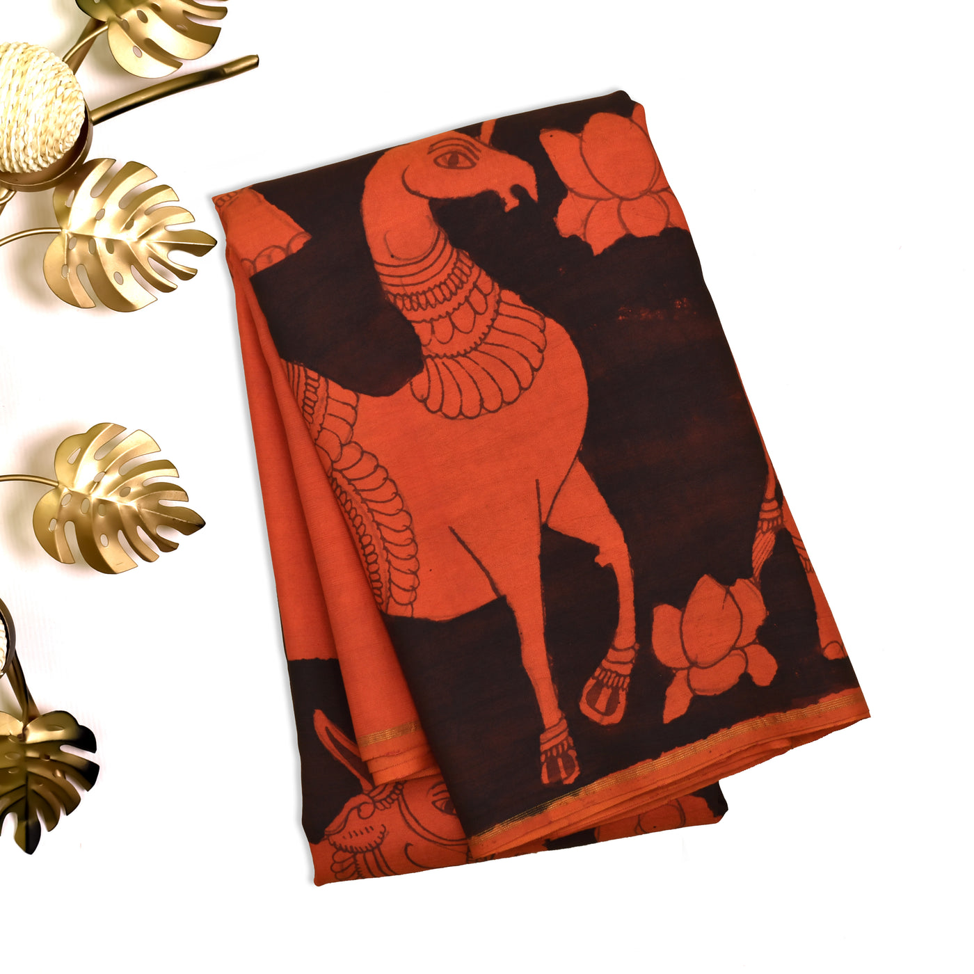 Black and Orange Pen Kalamkari Silk Saree