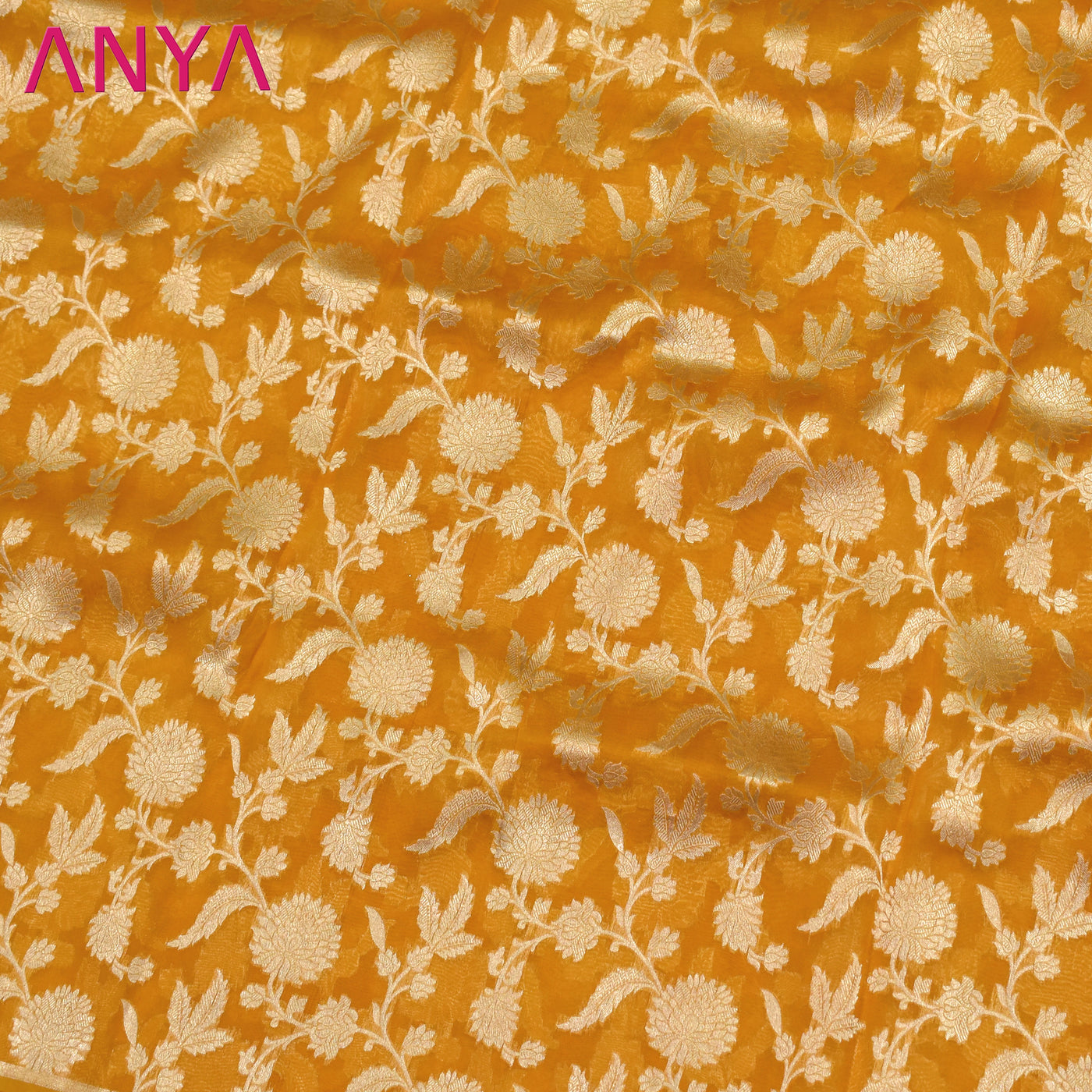 Oil Mustard Banarasi Organza Fabric with Floral Creeper Design