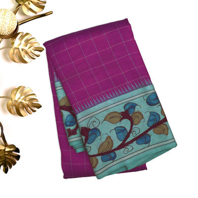 Magenta Pen Kalamkari Silk Saree with Floral Checks Design