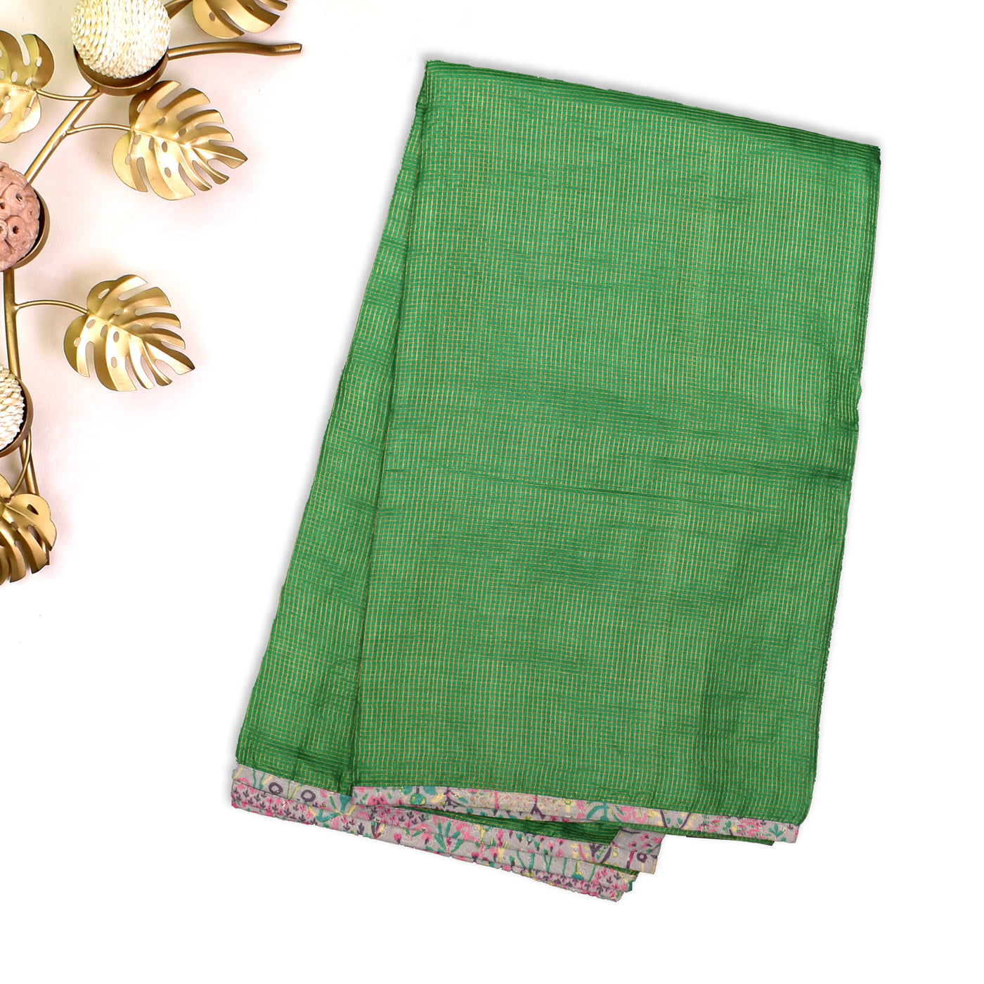 Alli Green Small Zari Checks Tussar Silk Saree with Pink and Grey Hakoba Cotton Pallu