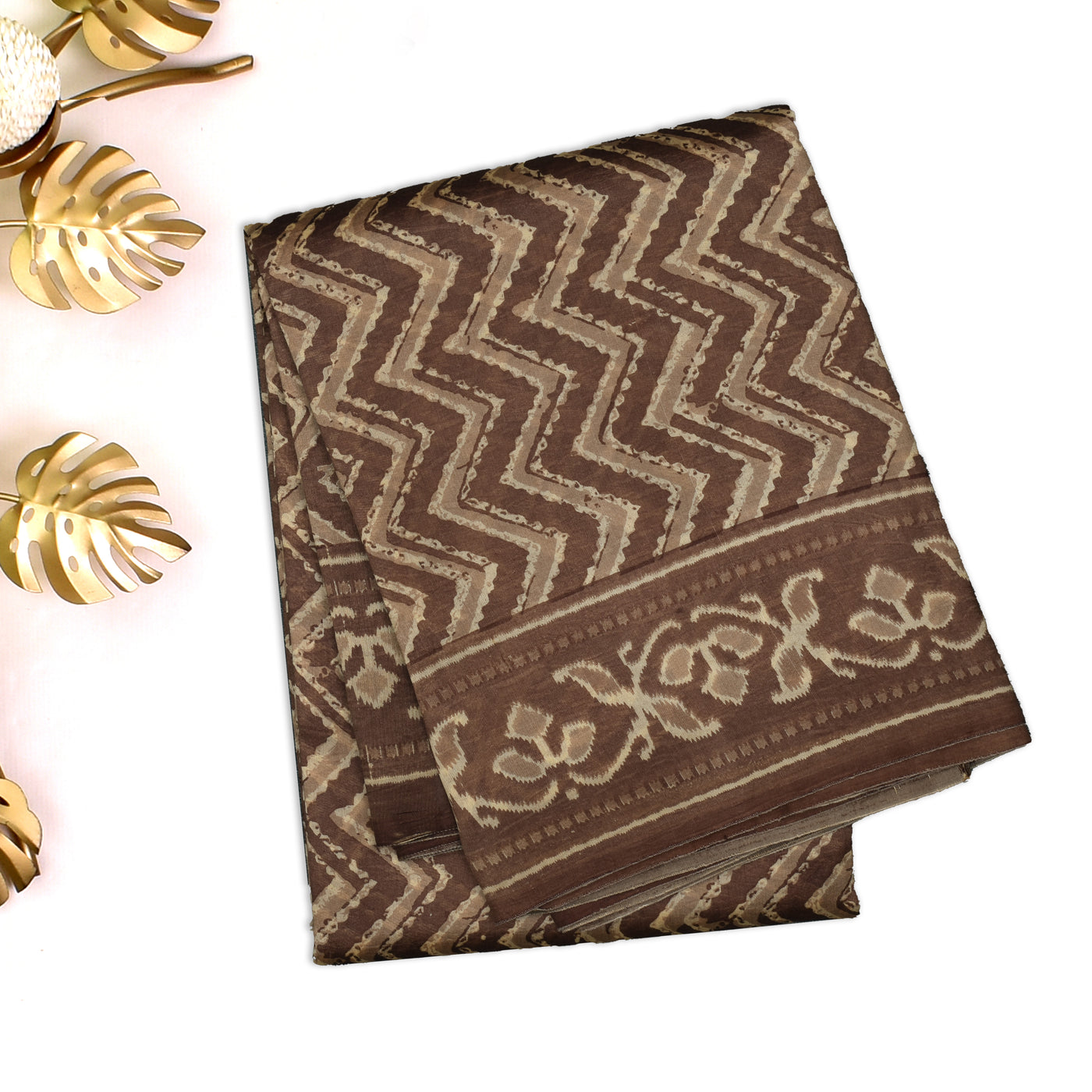 Brown Tussar Silk Saree with Zig Zag Printed Design