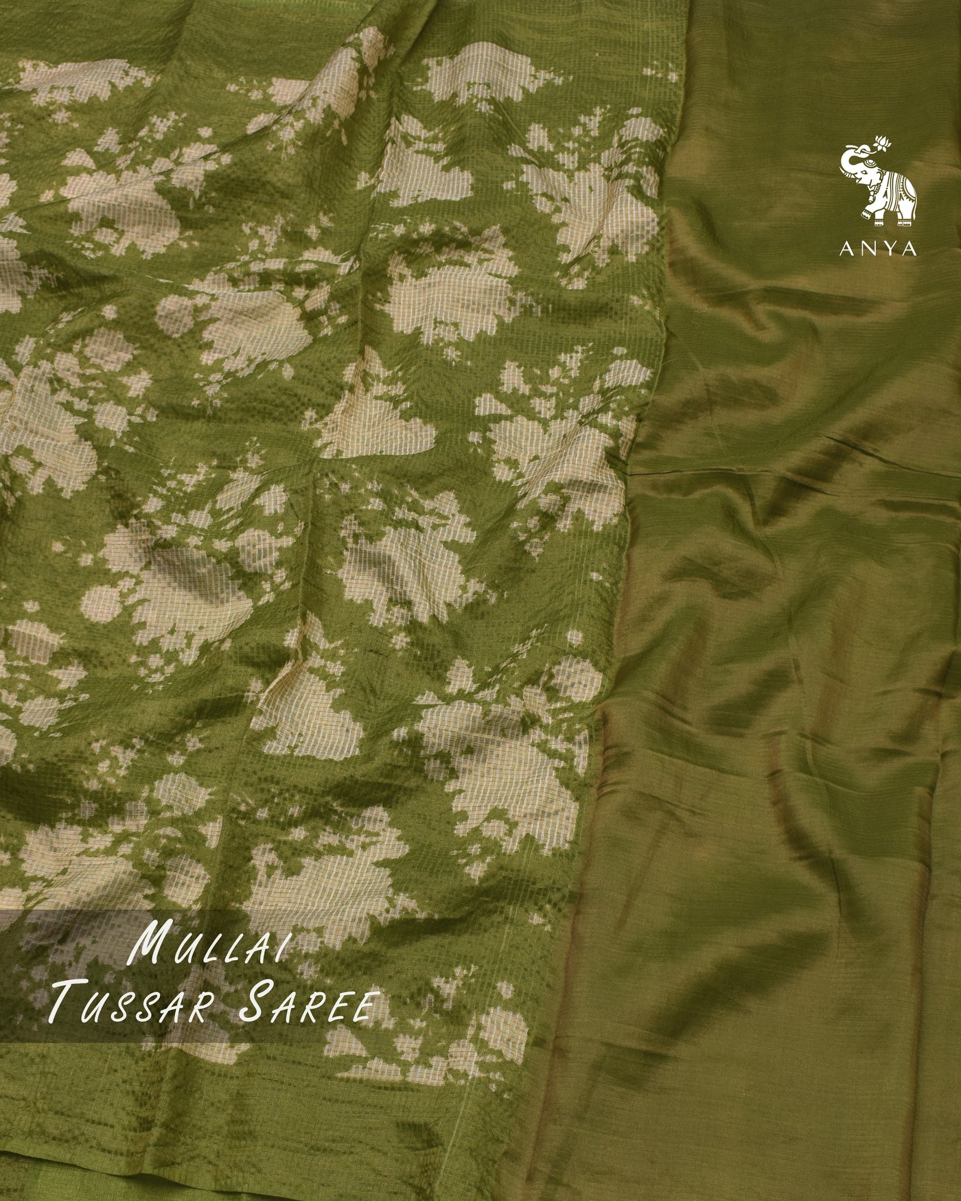 Chutney Green Tussar Silk Saree with Checks and Floral Print Design