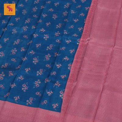 Blue Printed Kanchi Silk Saree with Floral Printed Design