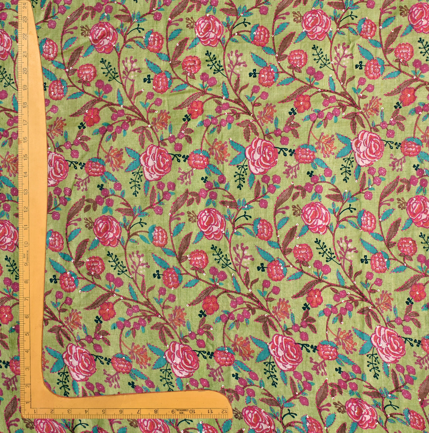 Apple Green Tussar Silk Fabric with Floral Kantha Work Design