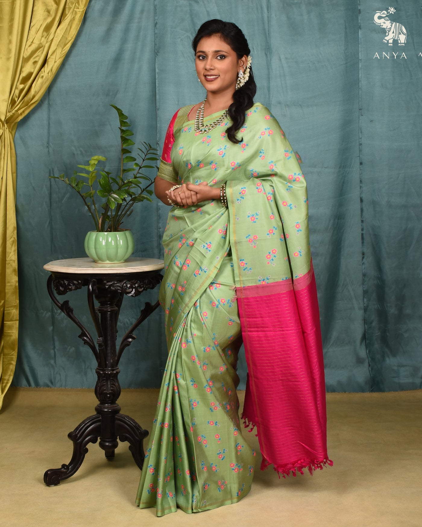 Apple Green Printed Kanchi Silk Saree with Floral Print Design