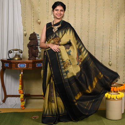 Chutney Green Pen Kalamkari Kanchi Silk Saree with Ganesh Art and Lines Design