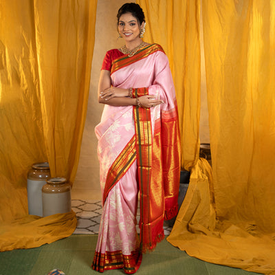 Lotus Pink Printed Kanchi Silk Saree with Floral Design