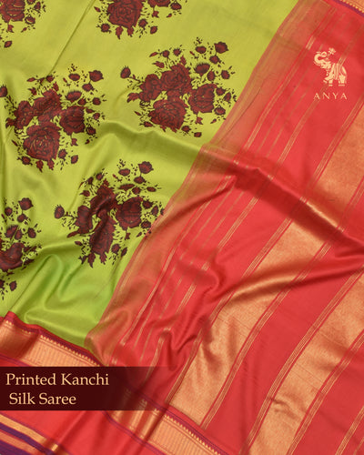 Green Printed Kanchi Silk Saree with Floral Printed Design