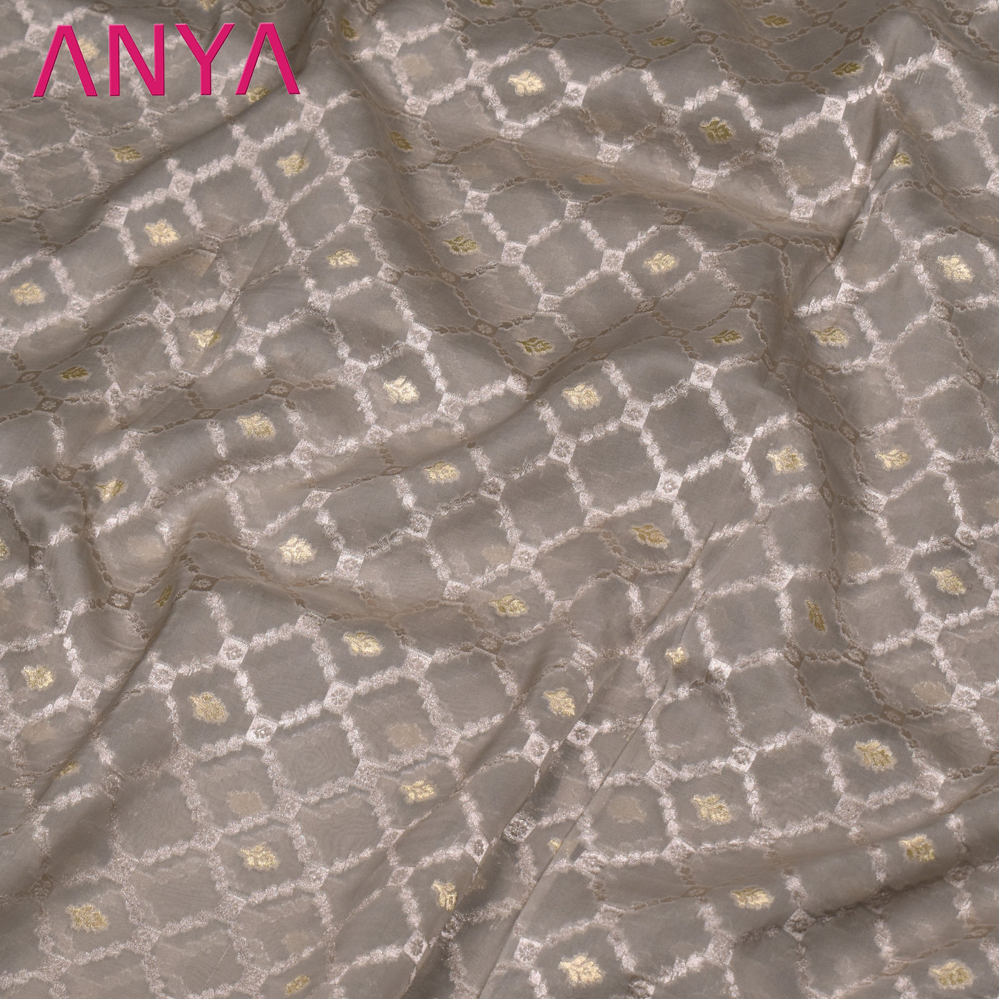 Grey Organza Fabric with Diamond Zari Butta Design