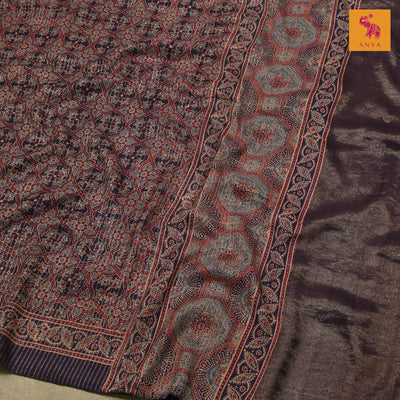 V Pakku Kanchi Silk Ajrak Print Saree with Box Pattern Design