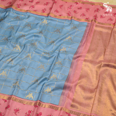 Powder Blue Printed Kanchi Silk Saree with Zari Checks and Iruthalai Patchi Design