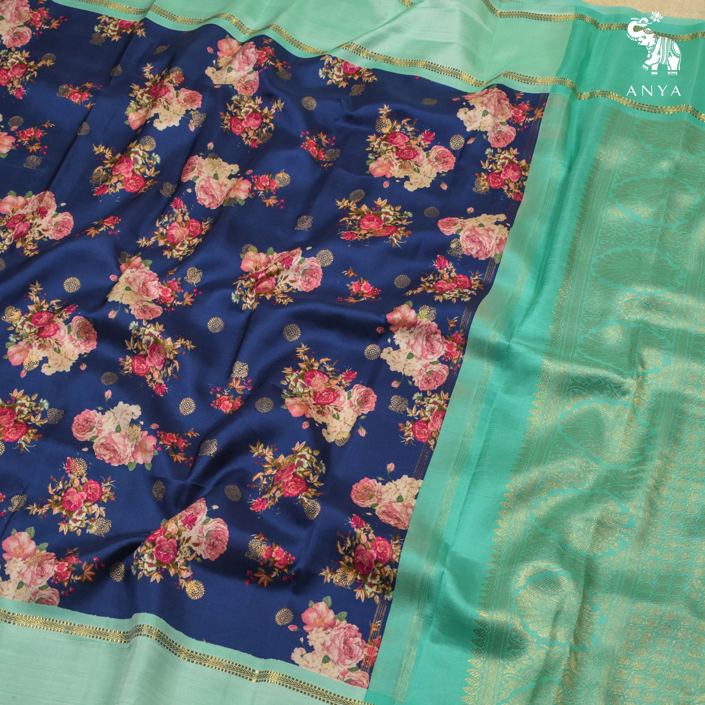 Ms Blue Printed Kanchi Silk Saree with Floral Print and Zari Butta Design