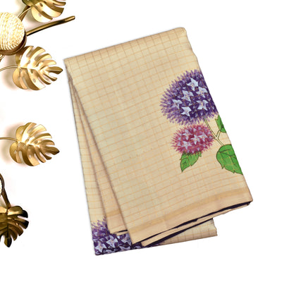 Off White Zari Checks Hand Painted Kanchi Silk Saree with Purple Flower Design