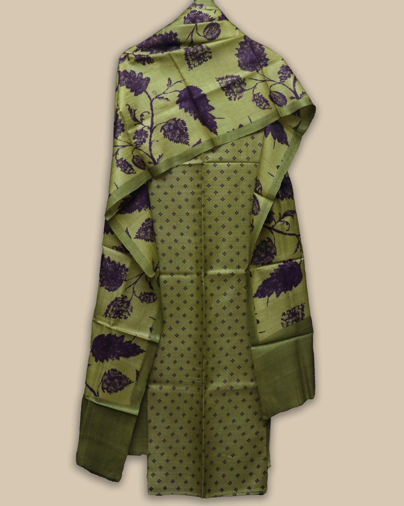 Apple Green Printed Tussar Silk Salwar with Apple Green Leaf Print Dupatta