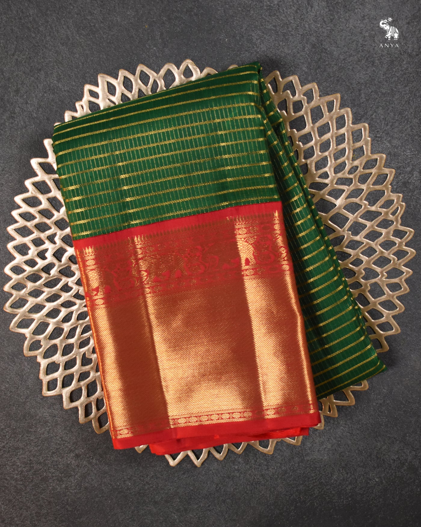 Bottle Green Kanchi Silk Saree with Horizontal Kattam Design