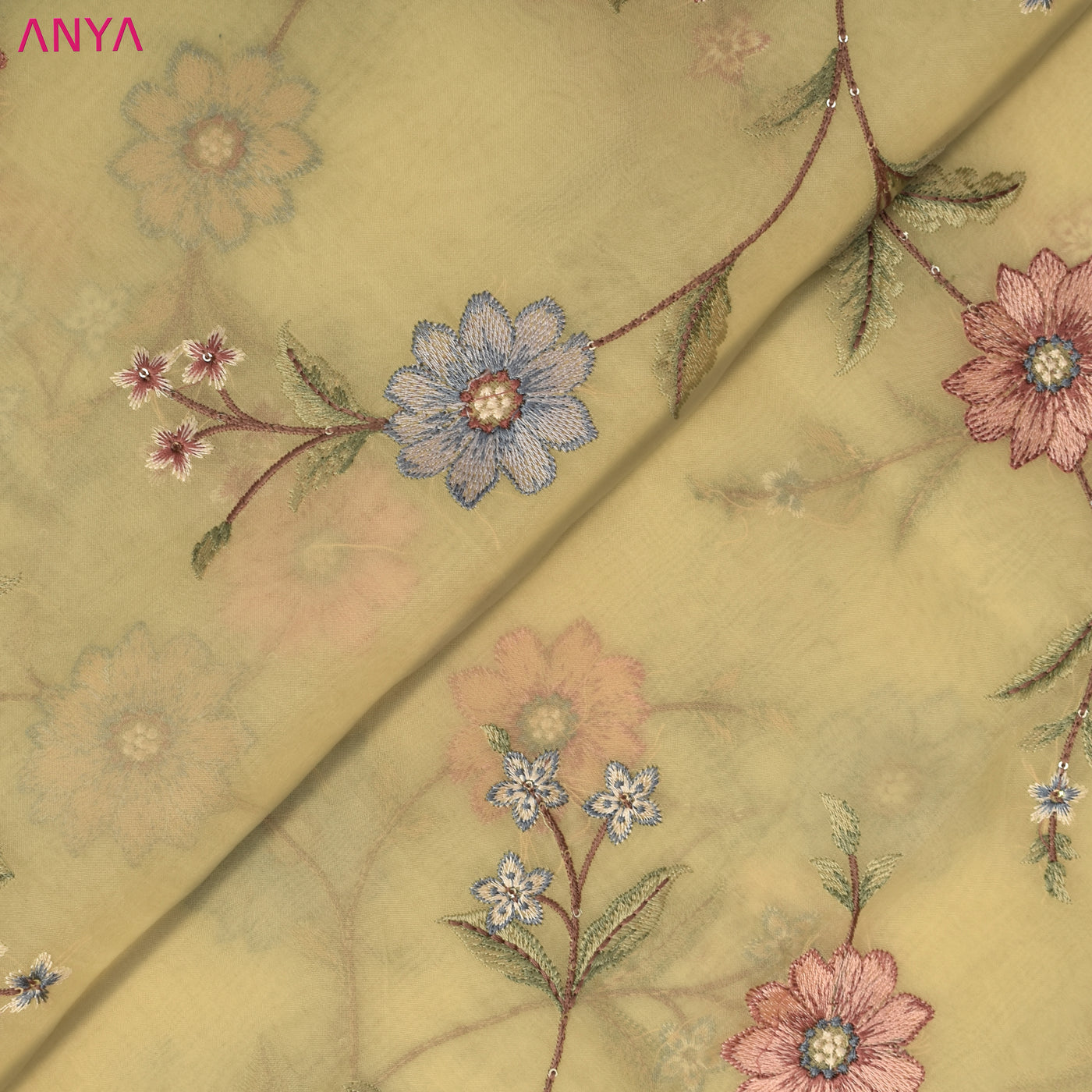 Lemon Yellow Organza Fabric with Floral Creeper Embroidery Design