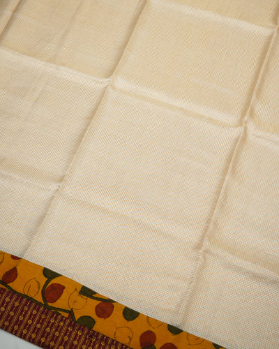 Off White Zari Checks Tussar Silk Saree with Maroon Kanchi Border