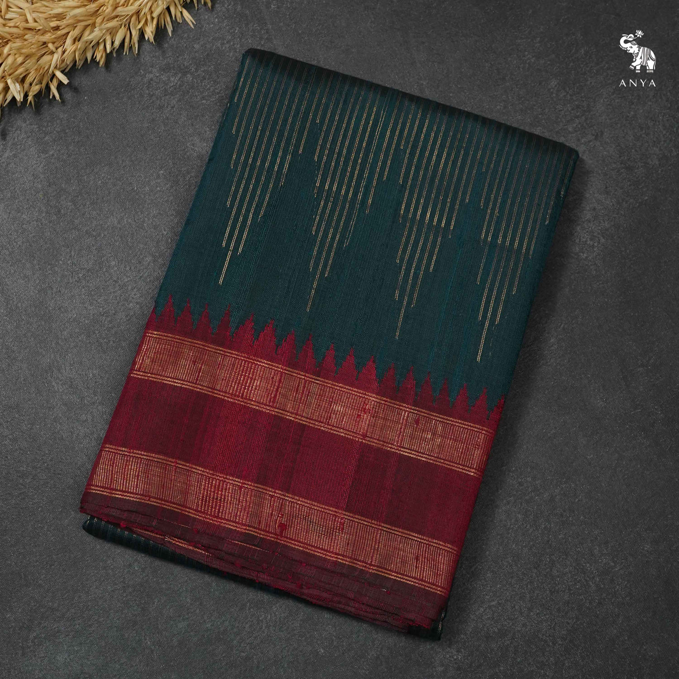 Bottle Green Raw Silk Saree with Zari Stripes Design