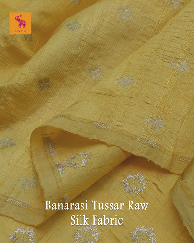 Yellow Banarasi Tussar Raw Silk Fabric with Flower Butta Design