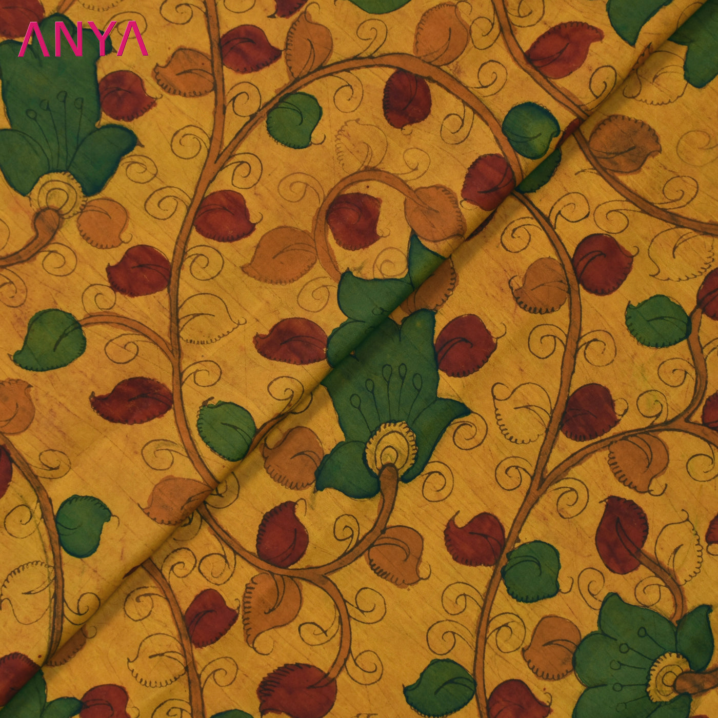 Oil Mustard Pen Kalamkari Kanchi Silk Fabric with Leaf Design