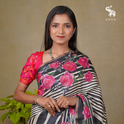 Off White and Black Tussar Silk Saree with Rose Printed Design