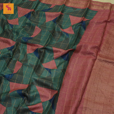 Green Tussar Silk Saree with Zari Kattam and Triangle Print Design