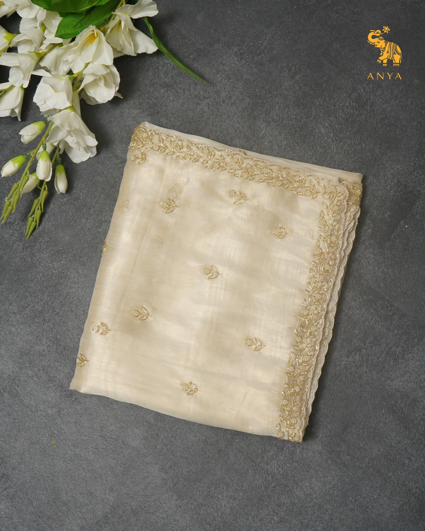 Off White Tissue Organza Saree with Embroidery Design