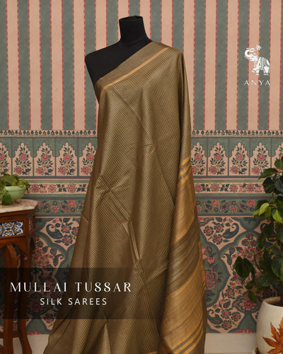 Olive Green Tussar Silk Saree with Thread Checks Design