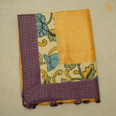 Oil Mustard Zari Checks Tussar Silk Saree with Off White Pen Kalamkari Kanchi Border