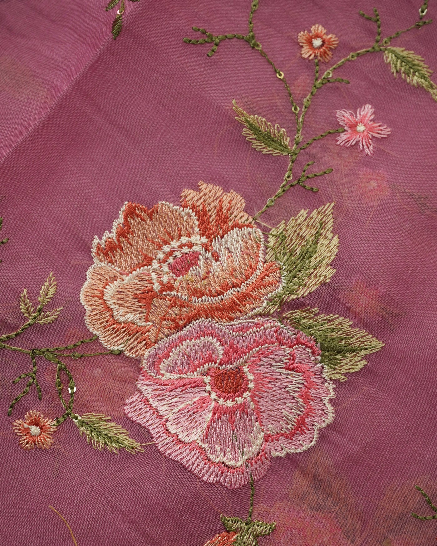 Onion Pink Organza Fabric with Floral Embroidery Design