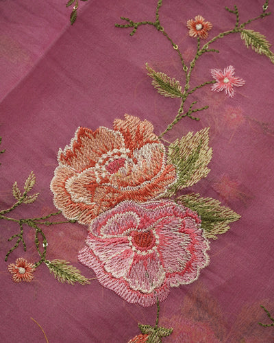 Onion Pink Organza Fabric with Floral Embroidery Design