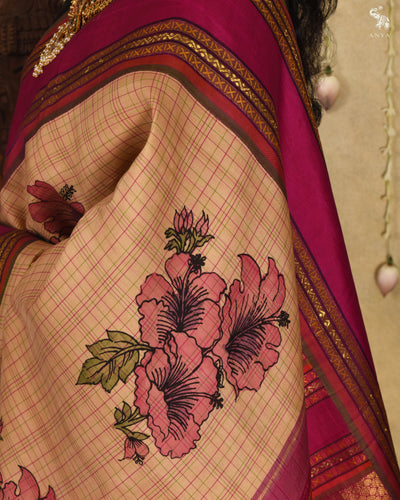 Off White Pen Kalamkari Kanchi Silk Saree with Floral and Checks Design