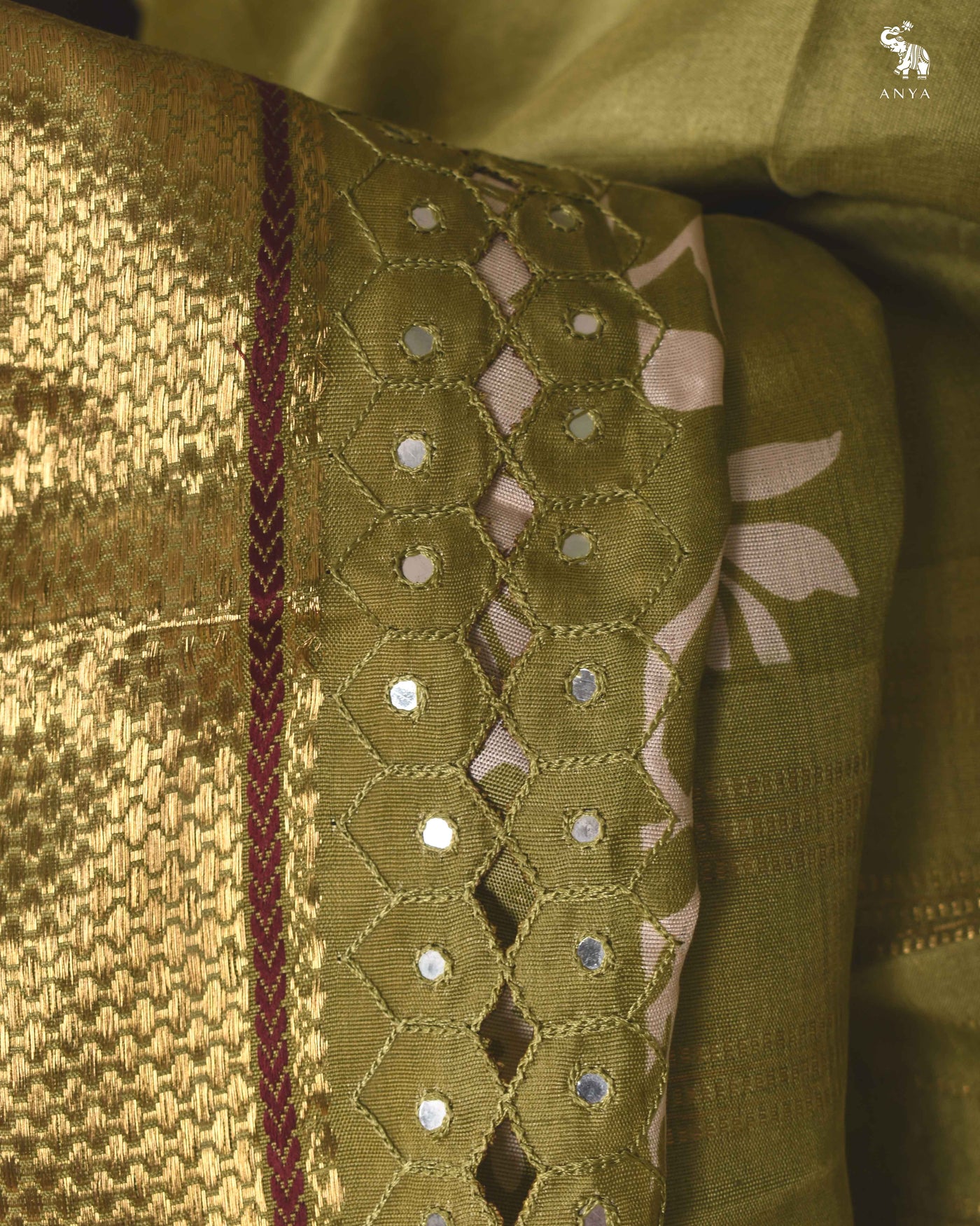 Mehandhi Green Floral Printed Kanchi Silk Saree with Cut Work Design