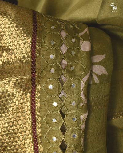 Mehandhi Green Floral Printed Kanchi Silk Saree with Cut Work Design