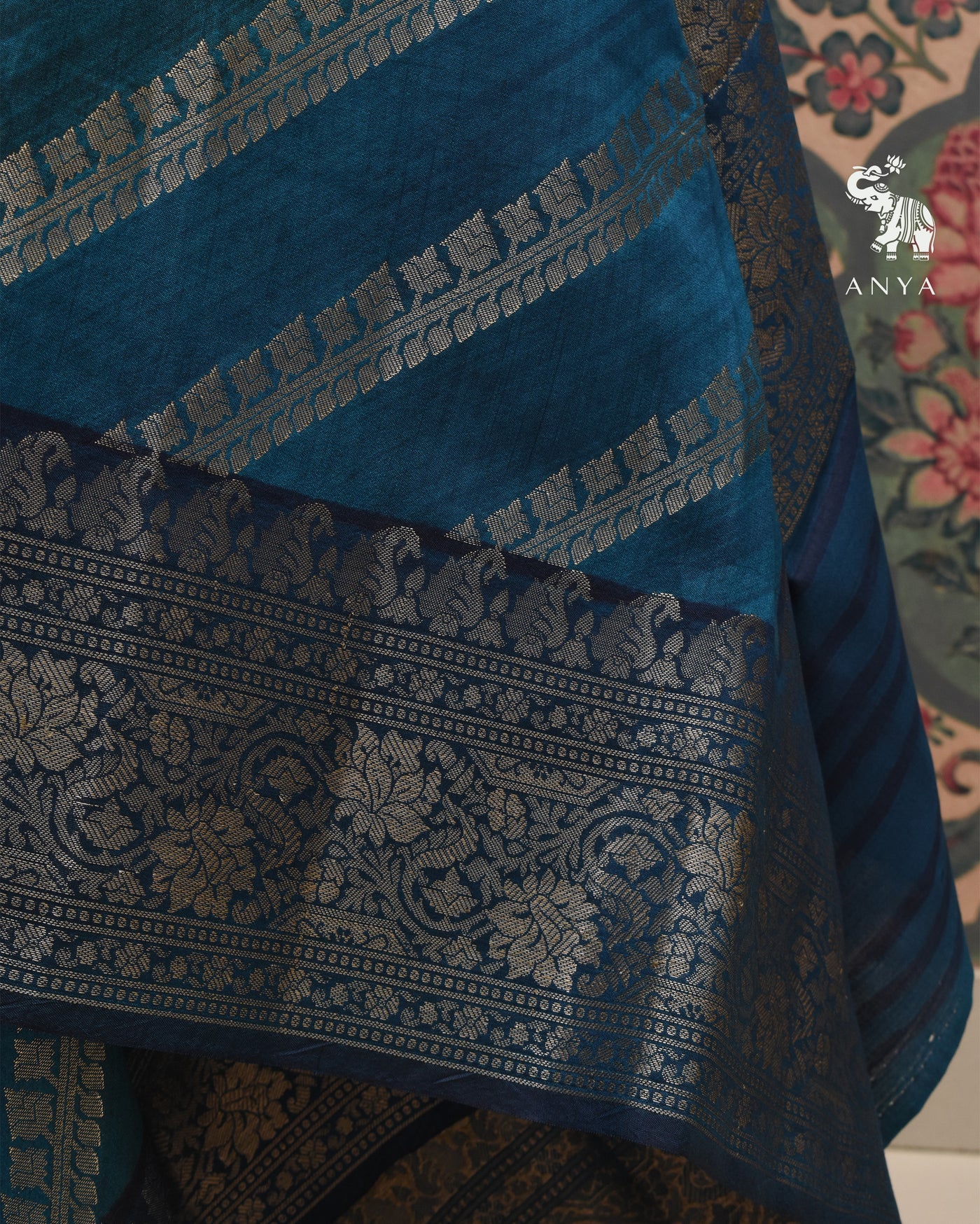 Peacock Blue Banarasi Silk Saree with Cross Design