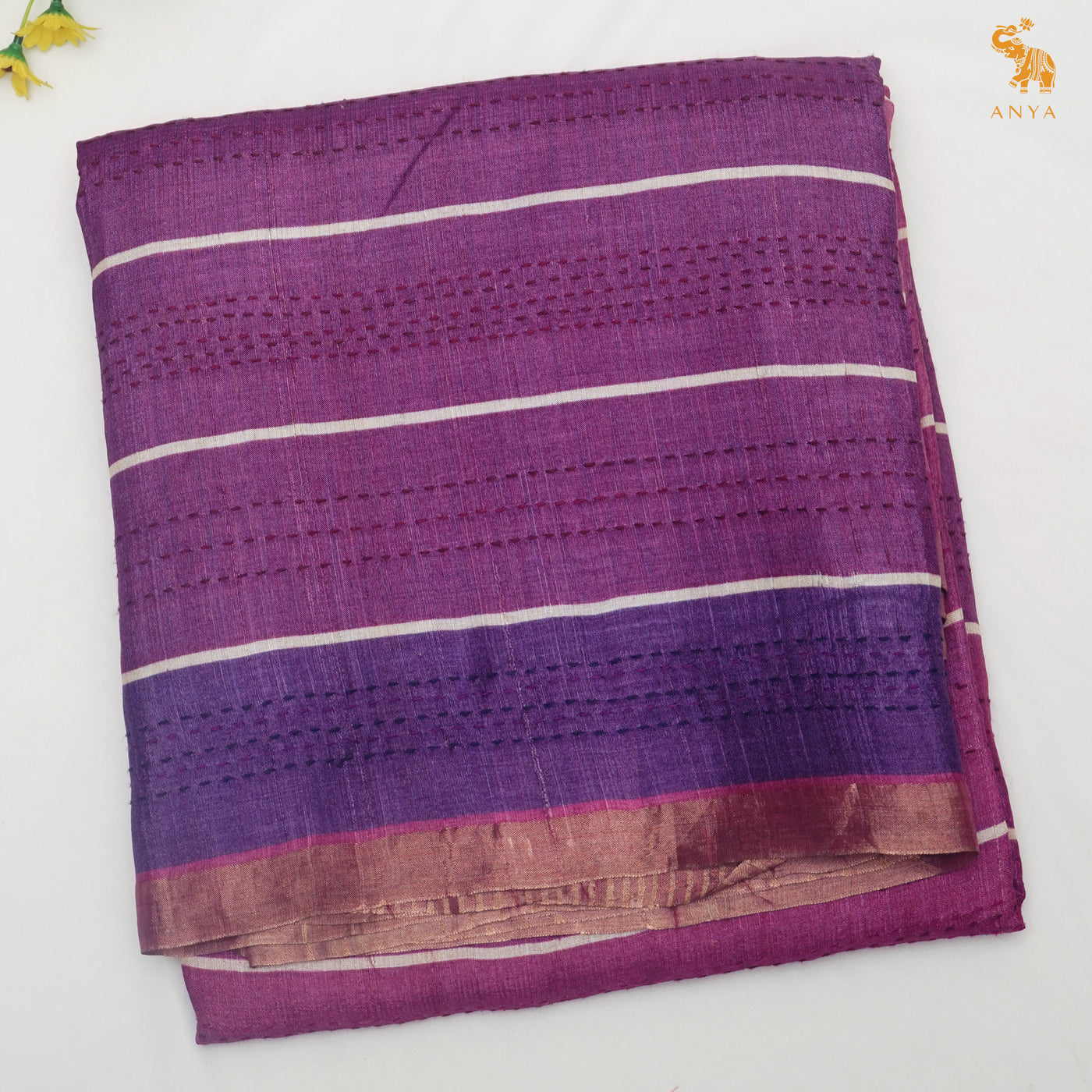Violet Chanderi Saree with Kantha Work Design