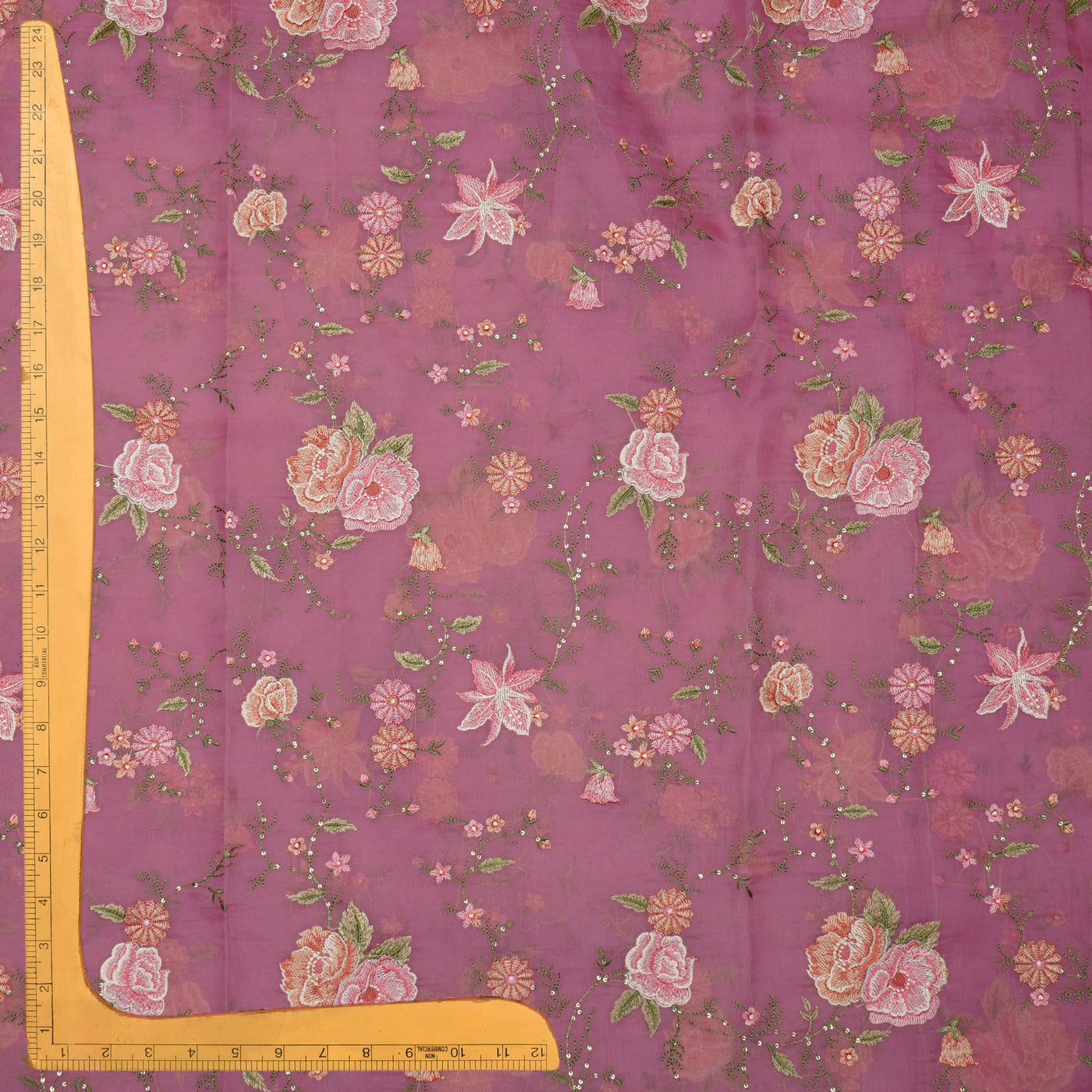 Onion Pink Organza Fabric with Floral Embroidery Design