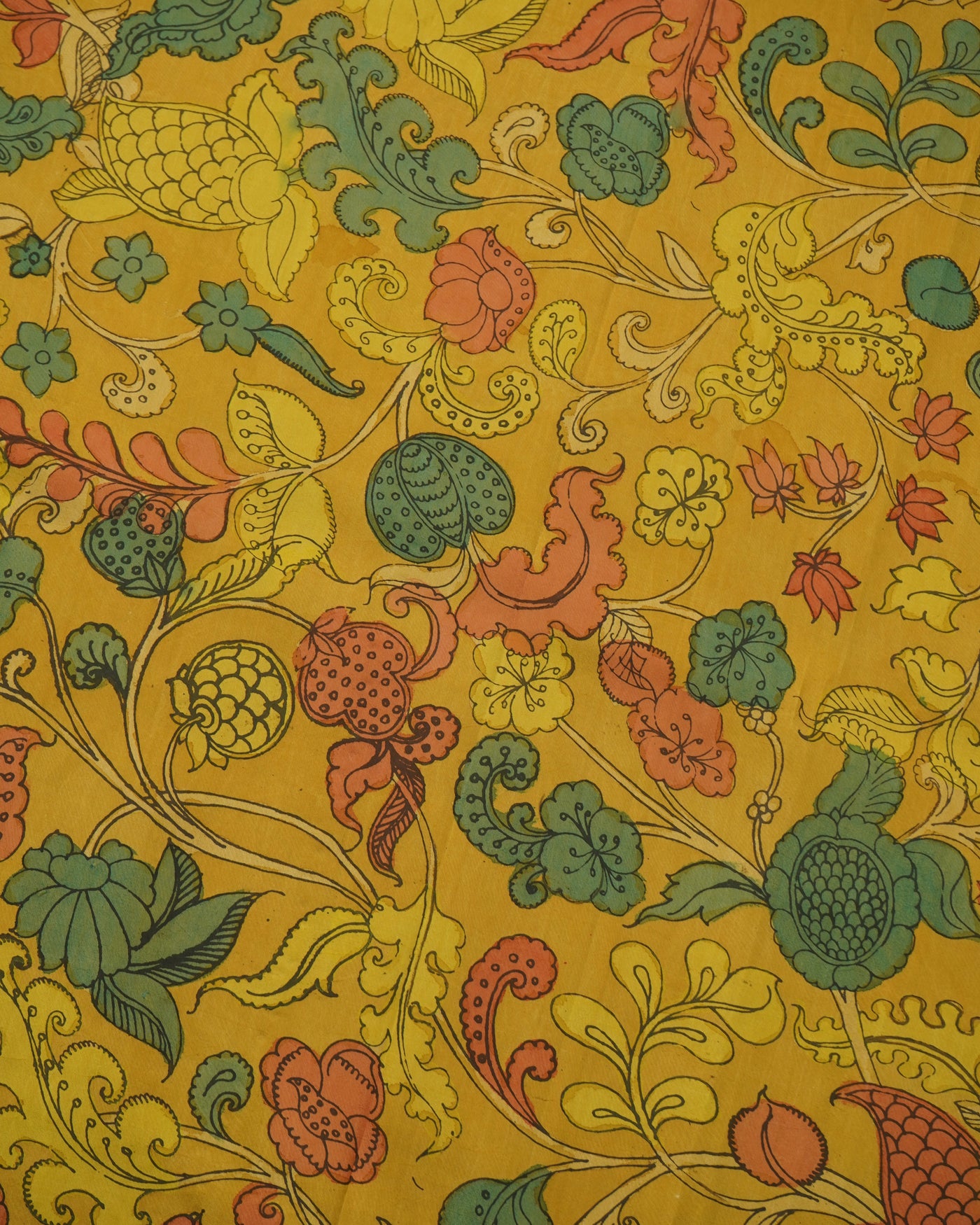 Mustard Pen Kalamkari Kanchi Silk Fabric