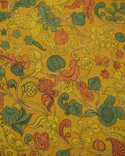 Mustard Pen Kalamkari Kanchi Silk Fabric